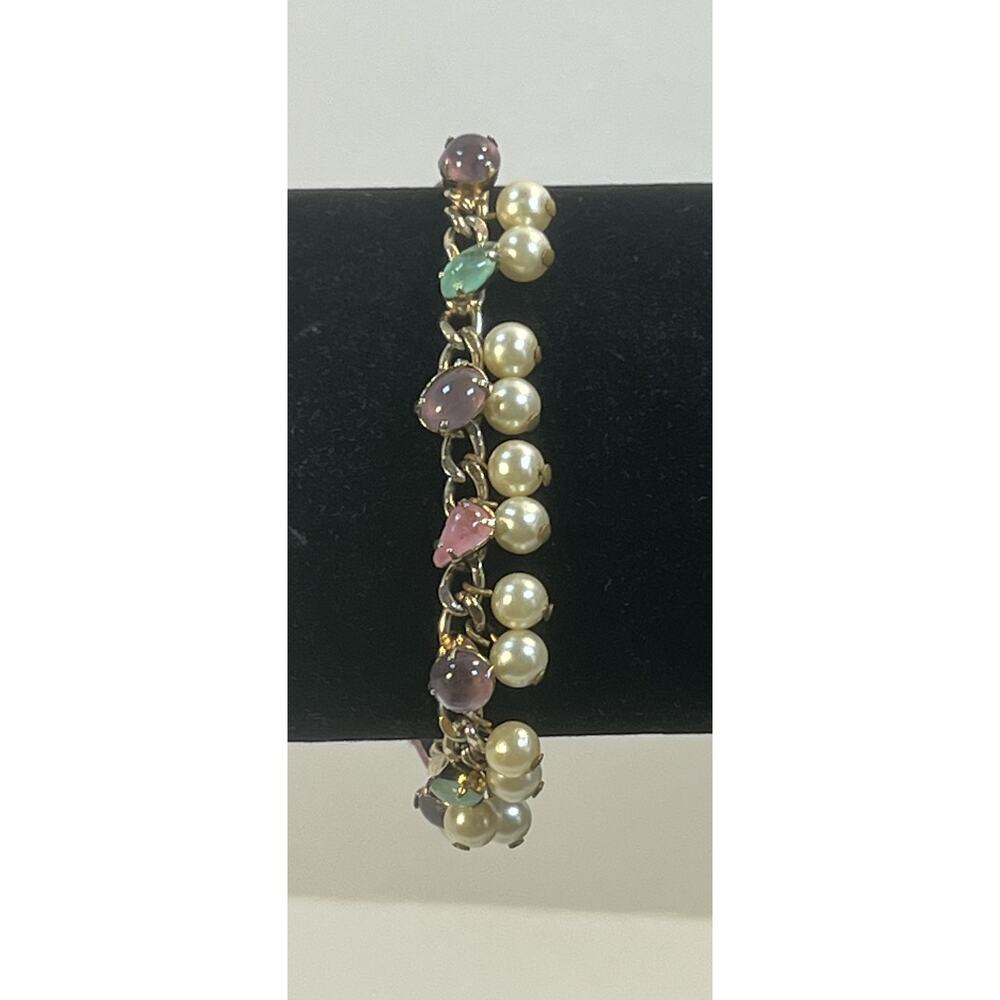 Vintage Gold Tone Faux Pearl & Colorful Stone Bracelet Dainty Casual